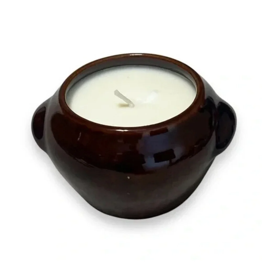 Handmade Brown Ceramic Bean Pot Honey Scented Candle Unique Upcycled Decor E26